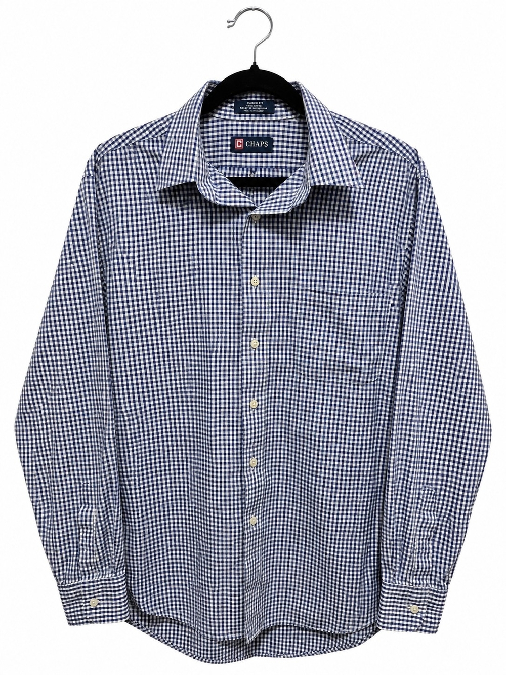 Chaps Men’s Classic Fit Blue White Gingham Button Down Shirt L 34/35
